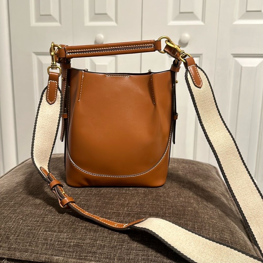 Zara Tan Leather Crossbody Bucket Bag with Cream Canvas Strap